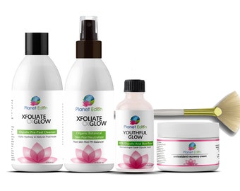 Ultimate Glycolic Skin Peel Kit | 4 oz Neutralizer, Glycolic Pre-Cleanser, 1 oz Glycolic Peel & 2 ounce Antioxidant Recovery Cream Fan Brush