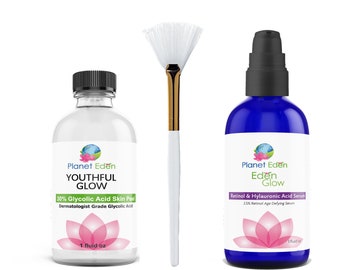 Zestaw do peelingu kwasem glikolowym Planet Eden z kwasem hialuronowym i serum z 2,5% retinolem oraz pędzelkiem wachlarzowym – profesjonalne rezultaty