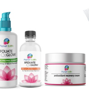 Planet Eden Salicylic Acid Chemical Face Skin Peel Kit + Glycolic Pre-Peel Cleanser + Recovery Cream