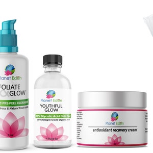 Planet Eden Glycolic Acid Chemical Face Skin Peel Kit + Glycolic Pre-Peel Cleanser + Recovery Cream