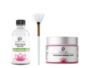 Planet Eden Glycolic Skin Chemical Face Peel Kit with Antioxidant Recovery Cream and Fan Brush - Diminish Sun Damage