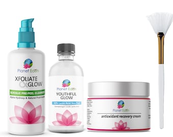 Planet Eden Lactic Acid Chemical Face Skin Peel Kit + Glycolic Pre-Peel Cleanser + Recovery Cream
