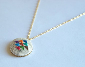 Golden Triangle Cross Stitched Embroidered Pendant Necklace