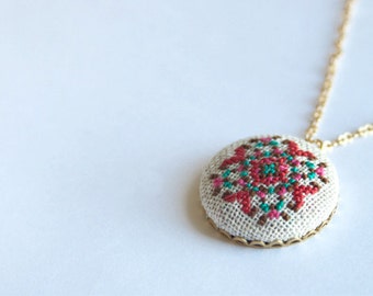 Folk Fractal Cross Stitched Embroidered Pendant Necklace