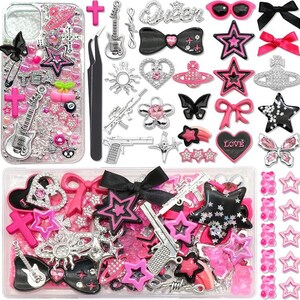 May include: A clear phone case decorated with various charms including pink and black stars, bows, guitars, crosses, and hearts, alongside a pair of tweezers and a storage box filled with an assortment of similar decorative charms and embellishments.