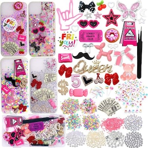 May include: A DIY phone case decoration kit featuring four clear phone cases, various colorful resin charms including bows, donuts, dollar bills, and hearts, plus alphabet beads, tweezers, and small containers of assorted decorative sprinkles and pearls.