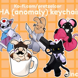 May include: A collection of five acrylic keychains featuring cartoon characters, including a nurse cat with a syringe, a rabbit with a sword, a mouse with a pink bag, a cat in a mug, and a cat with a gun. Text reads Ko-fi.com/pretzelcor, AHA (anomaly) keychains, 3 inches.
