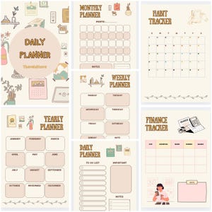 May include: A collection of beige and brown printable planner pages. The pages include a daily planner, monthly planner, weekly planner, yearly planner, habit tracker, and finance tracker. Each page has a decorative border and text labels.