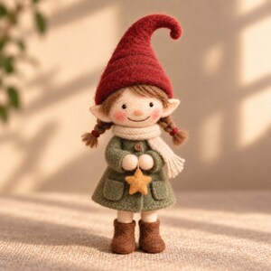 May include: A felted doll with a pointed red hat, brown hair in braids, and rosy cheeks. The doll wears a green coat with a single button, a cream-colored scarf, and brown boots. It holds a small, yellow, five-pointed star in its hands.
