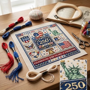 250th Anniversary Cross Stitch Set - USA Semiquincentennial Celebration Kit - Patriotic Sampler with Liberty Bell - DIY Heritage Craft Gift