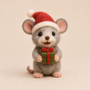 May include: A needle-felted gray mouse figurine wearing a red and white Santa hat. The mouse has pink-lined ears, black eyes, and a small brown nose. It is holding a small, square, olive green gift box tied with a bright red felt ribbon.