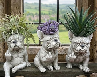 Griesgrämiger französischer Bulldoggen-Pflanztopf – Lustiger Blumentopf mit Mittelfinger-Motiv einer französischen Bulldogge – Sukkulenten-Pflanztopf mit frecher Hundestatue – Einzigartiges Geschenk für Hundeliebhaber