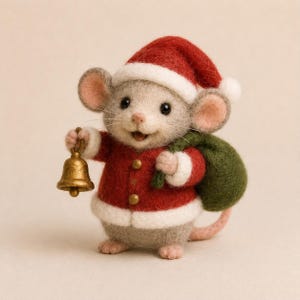 May include: A needle-felted gray mouse figurine wearing a red and white Santa suit and matching hat. The mouse holds a small gold-colored bell in one hand and carries a green felt sack over its shoulder. The mouse has pink ears and a pink tail.