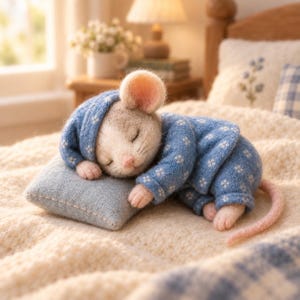 Puede incluir: Una figura de ratón de fieltro de aguja durmiendo sobre una pequeña almohada gris. El ratón tiene pelaje beige claro, orejas rosas, una cola rosa y viste un pijama azul de manga larga con un patrón floral blanco y un gorro de dormir azul a juego.