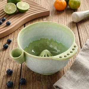 Puede incluir: Un exprimidor de cítricos de cerámica en color verde claro con un cono central, un pico vertedor lateral y un asa con cinco pequeños orificios circulares. El cuenco tiene un acabado esmaltado liso con variaciones de color de pálido a verde menta.