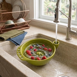 Handmade Ceramic Berry Bowl with Spout, Pottery Colander for Washing Fruit, Unique Strawberry & Blueberry Washer, Cottagecore Kitchen Gift