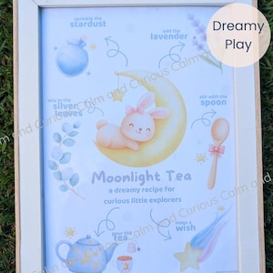 May include: A framed print titled Moonlight Tea featuring a cartoon rabbit on a yellow crescent moon. The illustration includes instructions to sprinkle stardust, add lavender, mix in silver leaves, stir with a spoon, pour the tea, and make a wish, accompanied by a teapot, spoon, and stars.
