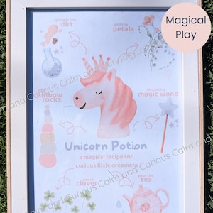 May include: A framed print titled Unicorn Potion featuring a pink unicorn illustration, a stack of rainbow rocks, a magic wand, a teapot, and clover. Text includes sprinkle the dirt, add the petals, stir with a magic wand, mix in clover, and pour the tea.