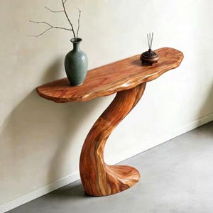 Live edge console table entryway narrow solid wood side table unique hand sculpture wavy wall mounted tabletop