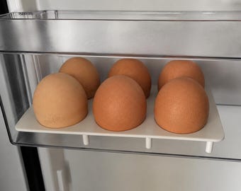 May include: A white plastic egg holder tray containing six brown eggs, positioned inside a clear refrigerator door shelf. The tray features a flat surface with small cylindrical supports underneath, holding the eggs in two rows of three.