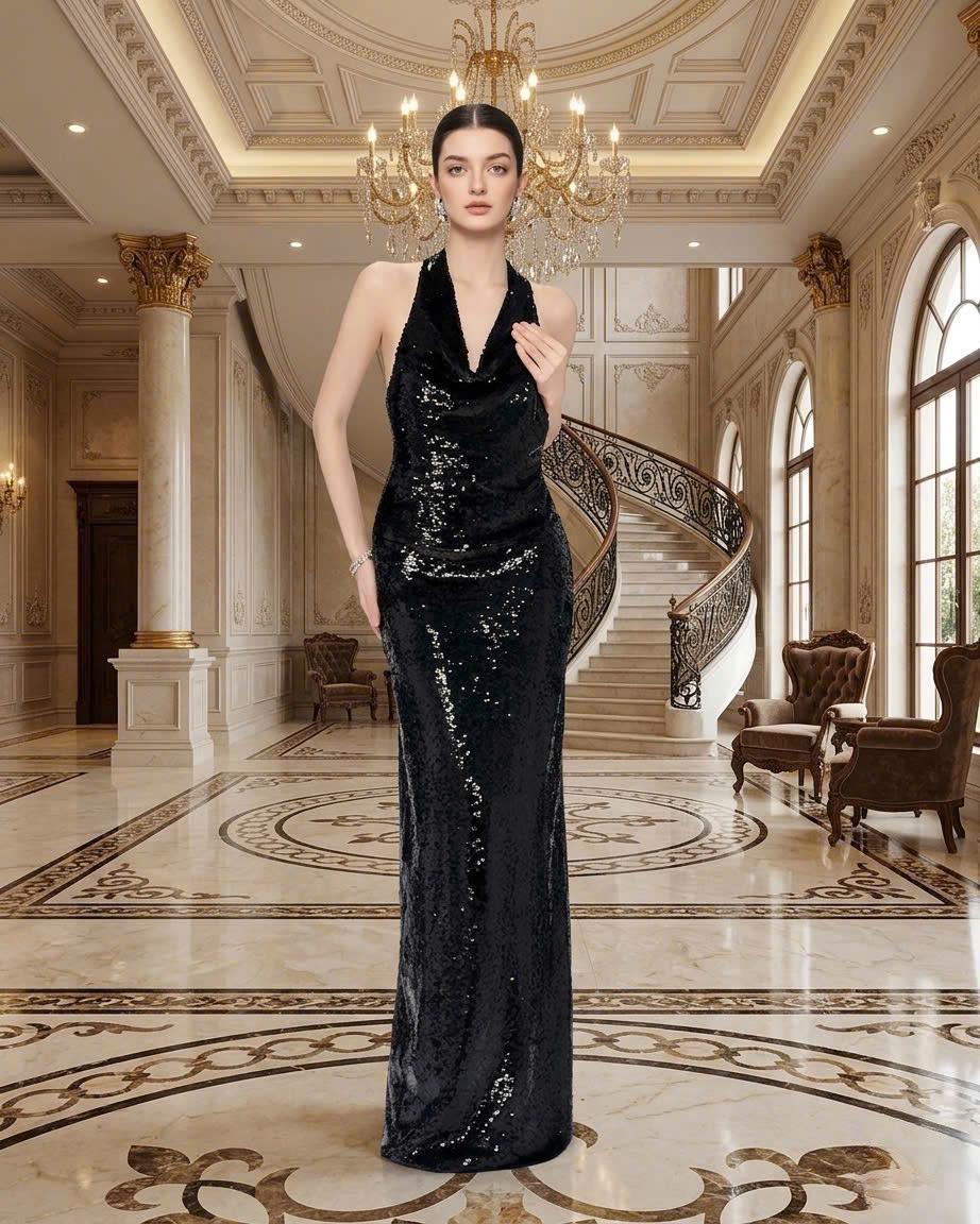 green emerald velvet dress Black Metallic Sequin Halter Neck Knot Skirt Midi Dress – AX Paris