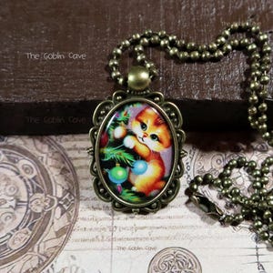 Cat Necklace, Christmas Jewelry, Bronze Pendant, Stocking Stuffer