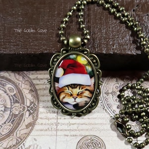 Cat Necklace, Christmas Jewelry, Bronze Pendant, Stocking Stuffer
