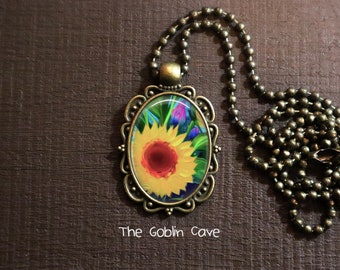 Sunflower Necklace, Floral Jewelry, Bronze Pendant