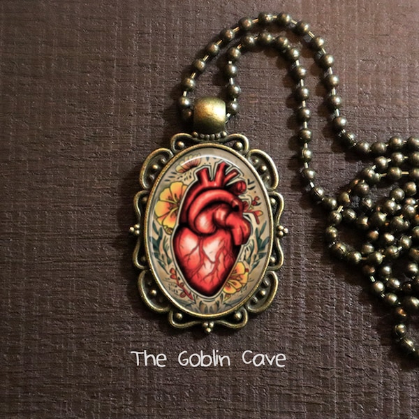 Anatomical Heart Necklace, Gothic Jewelry, Bronze Pendant