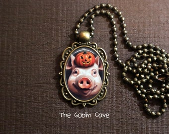 Pig Necklace, Jack O Lantern Jewelry, Bronze Pendant, Halloween Gift