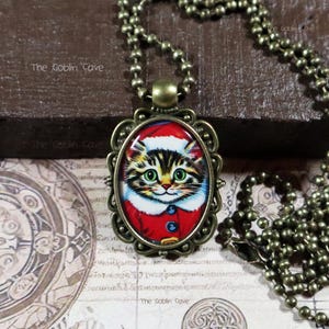 Cat Necklace, Christmas Jewelry, Bronze Pendant, Stocking Stuffer