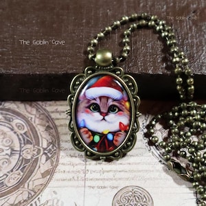 Cat Necklace, Christmas Jewelry, Bronze Pendant, Stocking Stuffer