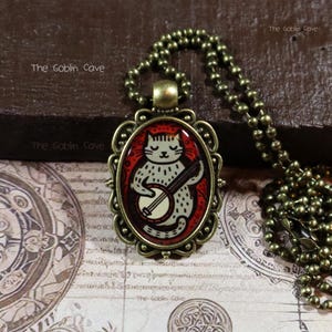 Cat Necklace, Banjo Jewelry, Bronze Pendant