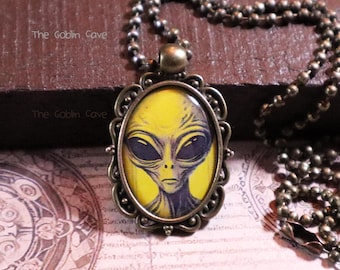 Alien Necklace, Sci-Fi Jewelry, Bronze Pendant