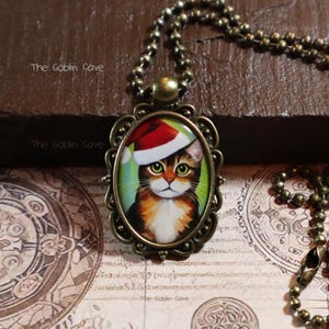 Cat Necklace, Christmas Jewelry, Bronze Pendant, Stocking Stuffer