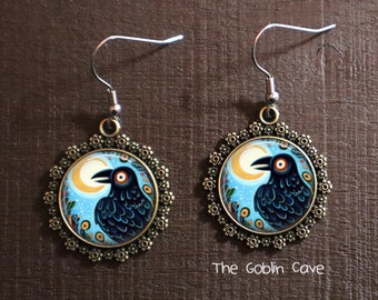 Crow Earrings, Moon Jewelry