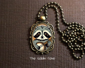 Raccoon Necklace, Banjo Jewelry, Bronze Pendant