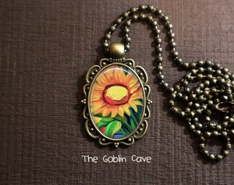 Sunflower Necklace, Floral Jewelry, Bronze Pendant