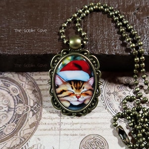 Cat Necklace, Christmas Jewelry, Bronze Pendant, Stocking Stuffer