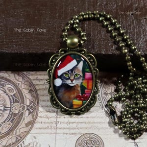 Cat Necklace, Christmas Jewelry, Bronze Pendant, Stocking Stuffer