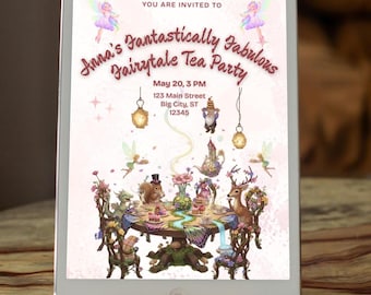 Invitación de cumpleaños para una fiesta de té de cuento de hadas, plantilla editable de Canva (descarga digital)