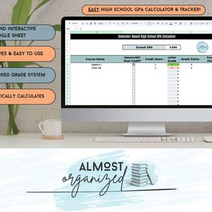 May include: A computer monitor displays a digital GPA calculator. Text on the screen includes "Semester-Based High School GPA Calculator" and "Overall GPA 3.500." Additional text on the screen reads "Course Name," "Credit Hours," and "Letter Grade." The image also includes text that reads "DIGITAL AND INTERACTIVE GOOGLE SHEET."