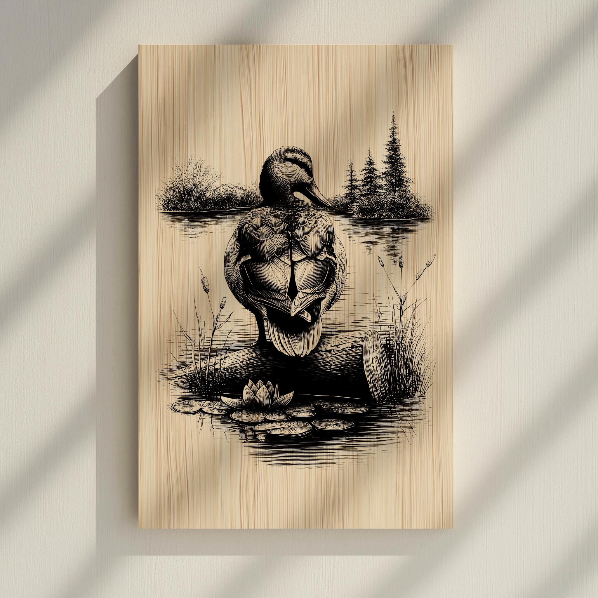 Pyrographie Artisanale Sur Bois - Tableau Décoratif Canards Dans Un étang