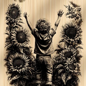 May include: A monochrome illustration of a child with arms raised, framed by sunflowers. The child wears a t-shirt and jeans. A bird flies overhead. The background features a light wood grain pattern.