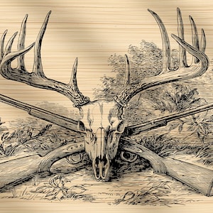 May include: A monochrome illustration featuring a deer skull with antlers, crossed rifles, and plant life. The image has a vintage style, set against a wood grain background, with a rustic feel.