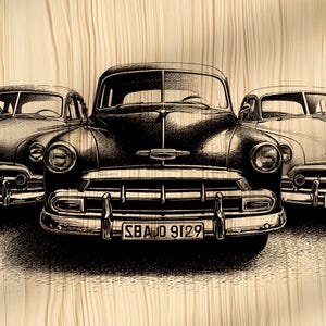 May include: A monochrome illustration featuring five vintage cars, possibly from the 1950s, lined up. The image highlights the cars' front details, including headlights, grilles, and number plates. The background has a wood grain effect.