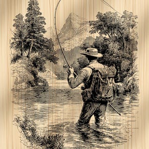 Peut inclure: Illustration en noir et blanc d'une personne pêchant à la mouche dans une rivière. La personne porte un chapeau, un sac à dos et des cuissardes, tenant une canne à pêche. L'arrière-plan présente des arbres, des montagnes et une texture boisée.