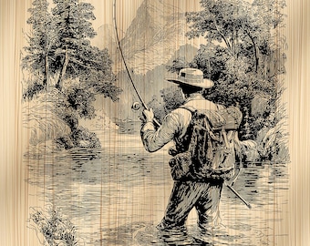 Fly Fishing Laser Engraving File, Angler River PNG for Wood Burning, Outdoor Hobby Art, Slate Etch Design, Cottagecore Decor