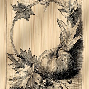 May include: A monochrome illustration of a pumpkin, leaves, and berries, framed within an oval. The design is set against a wood grain backdrop, creating a vintage aesthetic. The artwork evokes a rustic autumn theme.