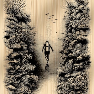 May include: A monochrome illustration depicting a scuba diver swimming downwards between two coral reefs. The artwork is set against a light brown, wood-grain background, with fish and bubbles adding detail to the underwater scene.